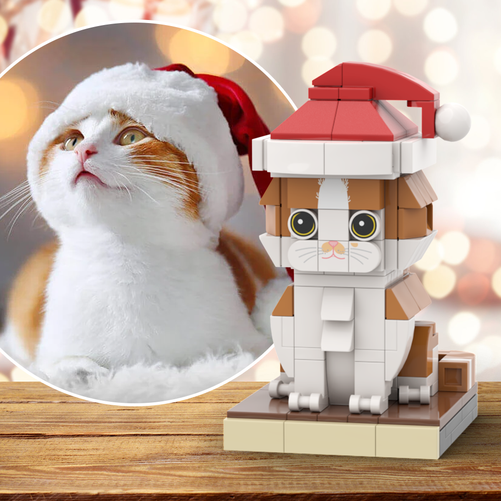 Christmas Cat With Hat Fully Body Customizable 1 Cat Personalized X-Mas Cat Photo CustomBrick Figures Small Particle Block Customized Cat Only